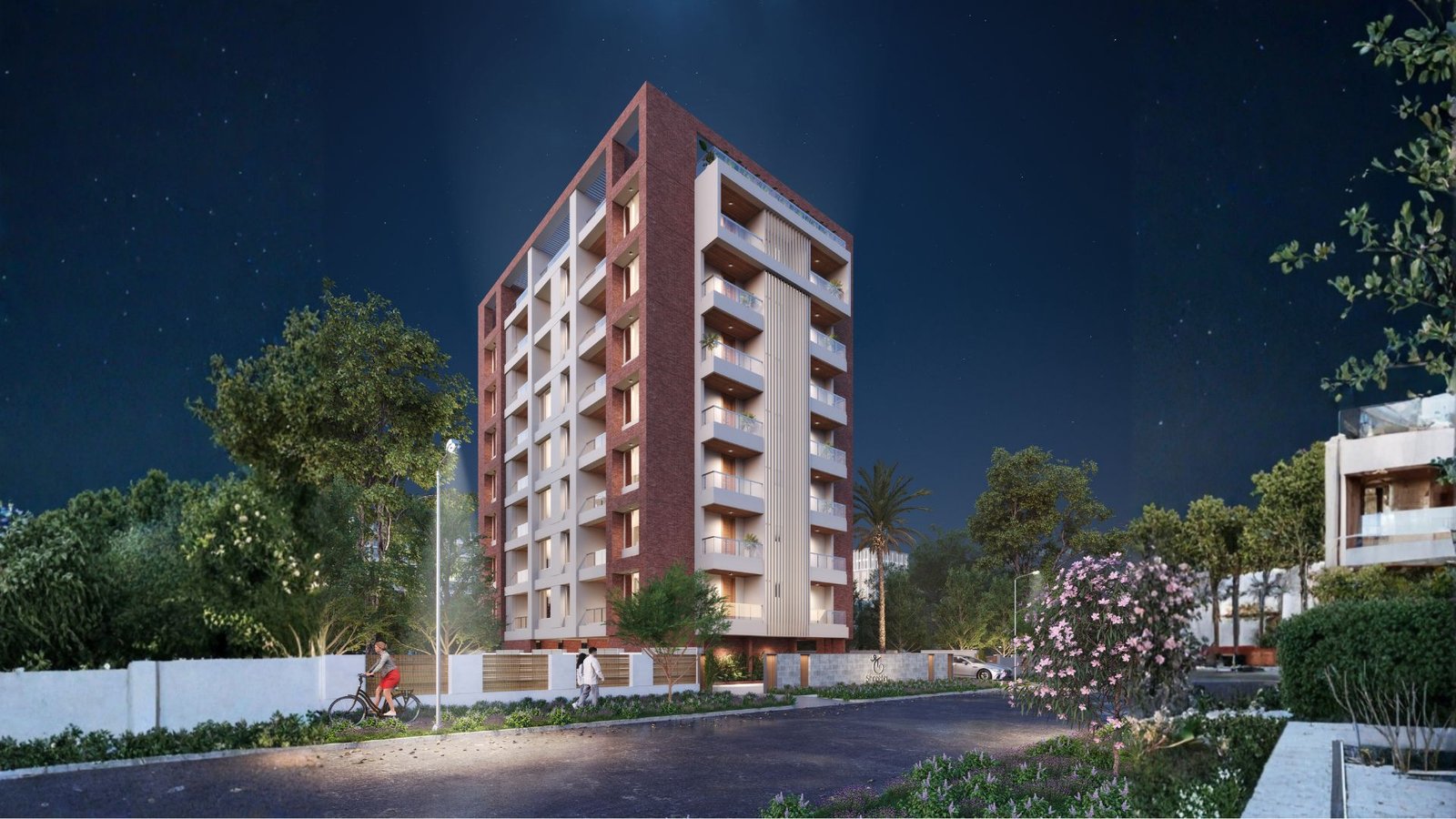 Shreetej elevation at night